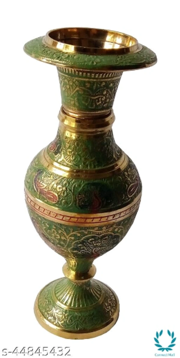 MOZO HUB Hand Crafted Green color Kashmiri Glass pattern Brass Flower Vase 17 CM